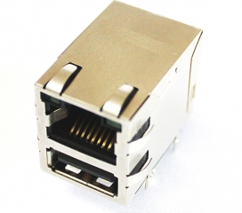 PCB mount Jack 8p RJ45, 10/100Base-Transf. + USB-A socket