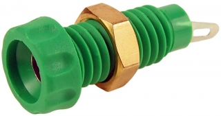 Банан щекер женски 4mm, 10A, 60VDC, зелен, за панелен монтаж