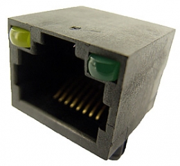 PCB mount Jack 8P8C RJ45 R/A; 1.78mm x 1.02mm pin pitch; Plastic Type; Upper Latch; Yellow+Green LED