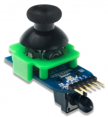 Factory calibrated two-axis resistive joystick; Center joystick button; Embedded PIC16F1618 MCU; 24-bit RGB LED