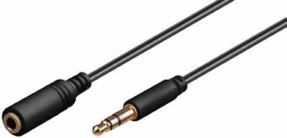 Аудио удължителен кабел, 2м, 0.35мм, Jack мъжки стерео>Jack женски стерео, позлатени, черен