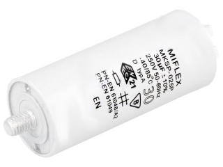 Polypropylene film capacitor for use in discharge lamp circuits, 30uF, 250VAC,10%, 35x83mm, M8