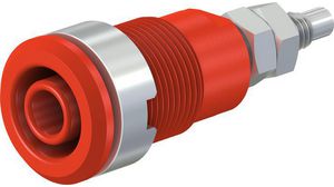Insulated banana socket 4mm, CAT III 32A, 1000V, screw panel mount, threaded bolt M4 and soldering hole, Red