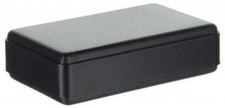 ABS enclosure 58x35x16mm with rounded corners, internal PCB mounting studs, matt surface. Screwless closing, Black RAL 9004
