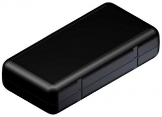 ABS plastic housing 80x56x24.5mm, rounded corners. Bases and lids with mounting studs for PCB. Matt surface. Snap-on closing, Black RAL 9004