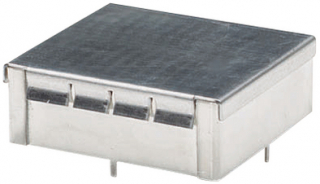 Hot tin-plated steel enclosure 54x50x19mm, base and spring-loaded lid, snap on closing