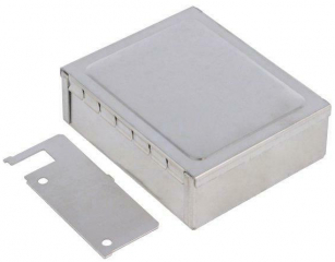 Metal shielding housing 83x68x28mm. Made from hot-dipped steel sheet with feathered cap and vertical dividers with hole and cut-out for the wiring
