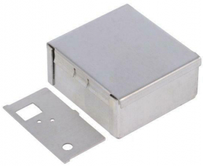 Metal shielding housing 54x50x26mm. Made from hot-dipped steel sheet with feathered cap and vertical dividers with hole and cut-out for the wiring
