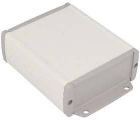 Extruded alu-case 100x85.5x36.9mm with ABS flanged end panels, Internal slots for PCB, Recessed area for keypad, White RAL 9002/Light grey RAL 9018