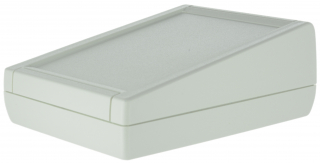 ABS HH-enclosure 130x100x50mm; Inclined cover; Recessed area on the top; Internal studs for fixing the PCB; Matt surface; White RAL 9002