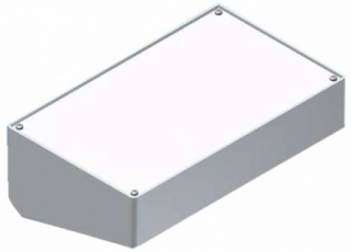 ABS enclosure 216x130x77mm; 15° inclined  1mm aluminium panel; Rounded corners; Glossy surface; Closing by four screws; Light grey RAL 9018