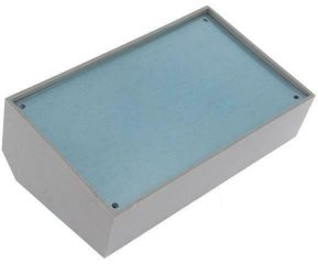 Plastic Enclosure 161x97x61.1mm; 15°inclined aluminum panel; Internal mounting studs on the base for PCB; Glossy surface; Dark grey RAL 7037