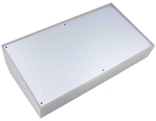 Plastic Enclosure 311x170x89mm; 15°inclined aluminum panel; Internal mounting studs on the base for PCB; Glossy surface; Dark grey RAL 7037