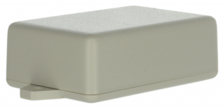 Two piece plastic enclosure 57x38x20mm; Flat bottom with mounting tabs and molded cup; Matt surface finish; Closing by two screws; White RAL 9002