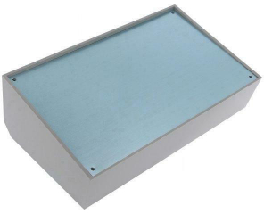 Plastic Enclosure 216x130x77.7mm; 15°inclined aluminum panel; Internal mounting studs on the base for PCB; Glossy surface; Dark grey RAL 7037