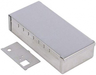 Metal shielding housing 106x50x26mm. Made from hot-dipped steel sheet with feathered cap and vertical dividers with hole and cut-out for the wiring
