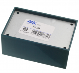 Plastic Enclosure 85x56x35.5mm; Aluminum front panel (1.0 mm) and PCB guides; Glossy surface finishing; Closing by four screws; Petrol blue RAL 5020