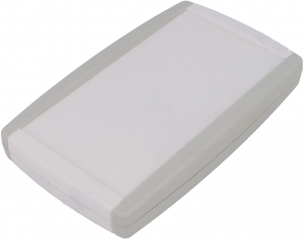 Plastic enclosure 155x96x24.2mm, Soft Sides, Ergonomic Design, Battery Compartment 2xAA or 1x9V, closing by screws; White RAL 9002/Light grey RAL 9018