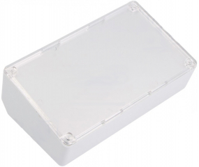 ABS enclosure 161x95x64mm; 15° inclined transparent polycarbonate cover + anodised 0.5mm aluminium panel; Glossy surface; Light grey RAL 9018