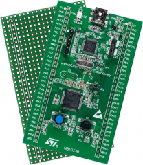 Discovery kit for STM32F0, based on the STM32F051R8T6, it includes an ST-LINK/V2 debug tool and a prototyping board