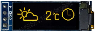 Graphic OLED Display Module; COG+PCB; 0.91" 128x32; Yellow; 35.8x12.0x2.41mm; SSD1306 IC; Vdd=3.0V; I2C; -40°C to +80°C