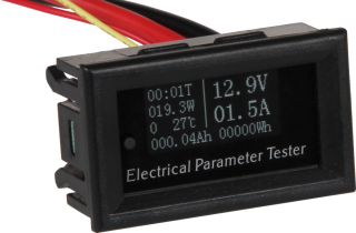 Panel miltimeter 0-99.9V / 0-20A / 0-2000W / 0-9999kWh / 0-9999.9Ah / 0-99h 59min / -10 to +65°C; OLED Display