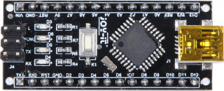 Arduino NANO-compatible Evaluation Board based on ATmega328; 14 digital I/O (incl. 6 PWM); 6 analog inputs; USB; ICSP header; Power jack; Reset button