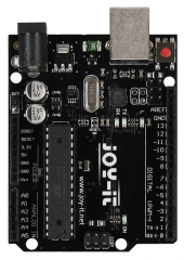 Arduino UNO-compatible Evaluation Board based on ATmega328; 14 digital I/O (incl. 6 PWM); 6 analog inputs; USB; ICSP header; Power jack; Reset button