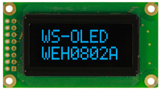Character OLED Display 8x2 Blue; COB 58x32x10mm; 5.0V; Controller IC: WS0010-TX; Interface: 6800; Longlife; -40~80°C