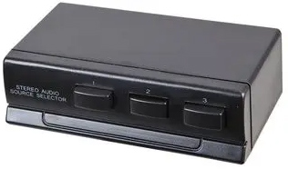 Audio switch box, 3 audio  inputs(TV, CD, computers,..) to single output or v. v., ch.separation 70dB, 43x135x85mm