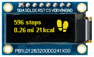 Graphic OLED Display Module; COG+PCB; 0.91" 128x32; Yellow; 32.5x20.5x2.41mm; SSD1306BZ IC; Vdd=3.0V; SPI; -40°C to +80°C