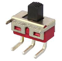 Slide switch, 3pins, 2 way, angled terminal, red case, 5mm height actuator