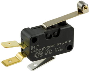 Miniature snap-action switch, On-On, plug-in conn, roller lever, 0.86 N, 0.1 (0.5) A/250 VAC