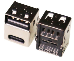 USB Type A and USB Type C, Stacked USB 2.0 Receptacle Connector 14 Ways Through Hole
