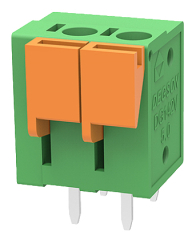 клема пружинна, 15A 320V AC, 0.2-1.5 mm2, 2 пина, 5.0 мм, вертикална, зелена