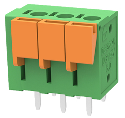 клема пружинна, 15A 320V AC, 0.2-1.5 mm2, 3 пина, 5.0 мм, вертикална, зелена