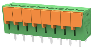 клема пружинна, 15A 320V AC, 0.2-1.5 mm2, 8 пина, 5.0 мм, вертикална, зелена