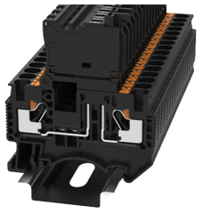 DIN rail terminal block 0.2-4.0 mm2 for TS35, spring clamp, 6.3A 24V, black, fuse, LED