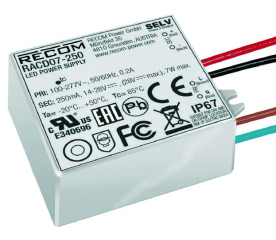 CC LED Driver, In:90-295VAC/120-415VDC, Out:0.5A@5~14.5V, 7.2W max, 57x41x24mm, IP67
