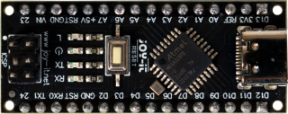 Arduino NANO-compatible Evaluation Board based on ATmega328; 14 digital I/O (incl. 6 PWM); 6 analog inputs; USB; ICSP header; Power jack; Reset button