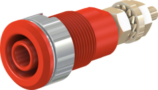 Insulated banana socket 4mm, Gold plated, CAT III 32A, 1000V, screw panel mount, threaded bolt M4 and soldering hole, Red