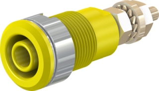 Insulated banana socket 4mm, Gold plated, CAT III 32A, 1000V, screw panel mount, threaded bolt M4 and soldering hole, Yellow