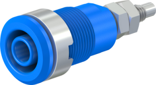 Insulated banana socket 4mm, CAT III 32A, 1000V, screw panel mount, threaded bolt M4 and soldering hole, Blue