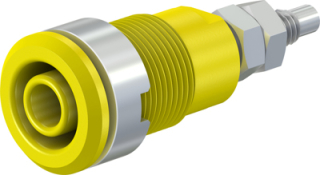 Insulated banana socket 4mm, CAT III 32A, 1000V, screw panel mount, threaded bolt M4 and soldering hole, Yellow