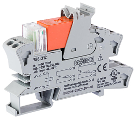 Relay module: 24 VDC nominal input voltage, 2 changeover contacts, 8 A current and red LED