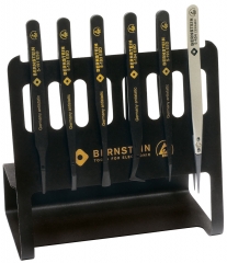 6-piece set ESD tweezers - 5 plastic tweezers, 1 steel tweezers with exchangeable ESD ceramic tips - arranged on ESD tool holder part No. 5-090-0