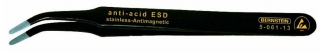 SMD tweezers, 115 mm, bent, flat rounded tips, with ESD-coating